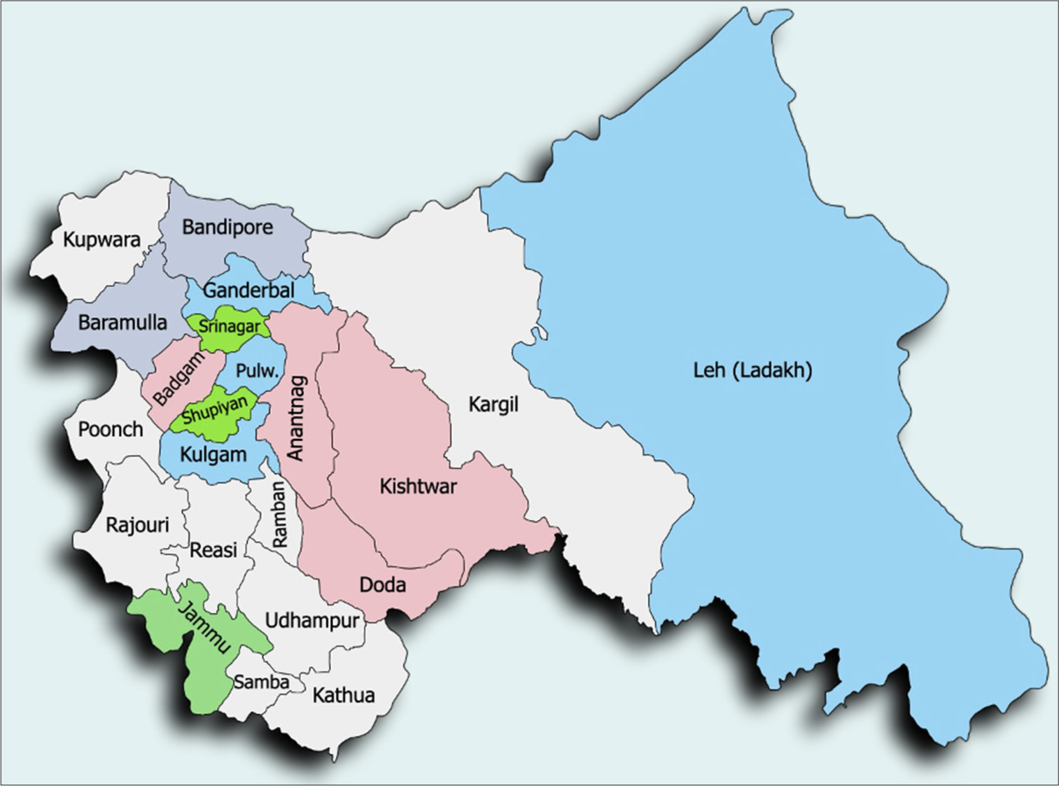 Geographical distribution of cases enrolled in the study from the UT of Jammu and Kashmir and Ladakh.