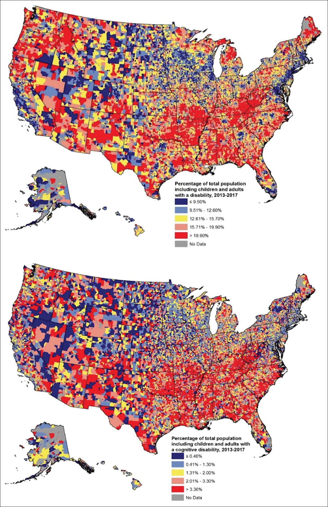 Overall Disability and Cognitive Disability Rates, United States, 2013-2017 (32,989 Zip Codes) Source: Data derived from the 2013-2017 American Community Survey.
